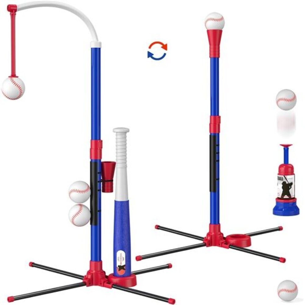 3-in-1 Baseball Set for Kids 3-5 - Tee Ball Stand, Hanging Tee, Ball Launcher